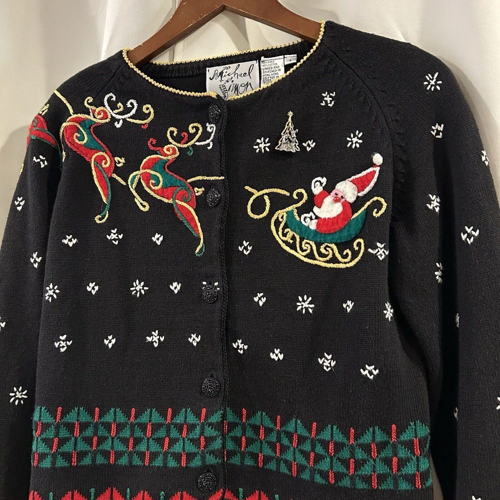 Vintage Michael Simon‎ Santa Sleigh Holiday Cardigan 90s Size Small - Picture 3 of 7